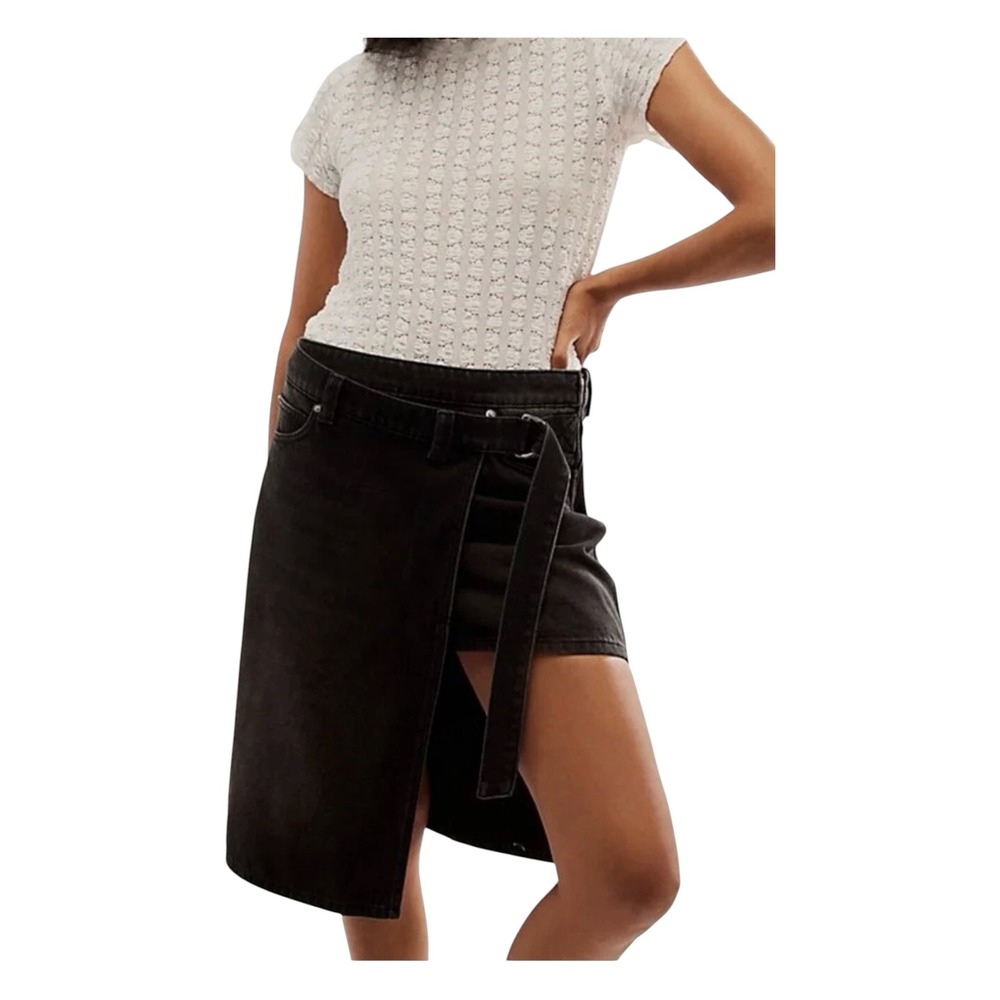 Free People We The Freeโ On Tour Denim Wrap Skirt Washed Black Asymmetrical 28